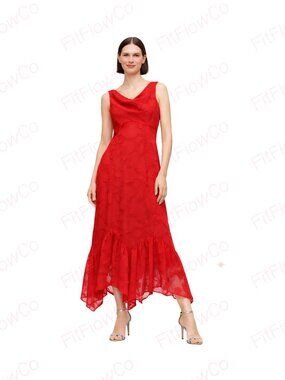 Taylor Red Floral Burnout Midi Dress Cowl Neck Handkerchief Hem Size 4 NWT